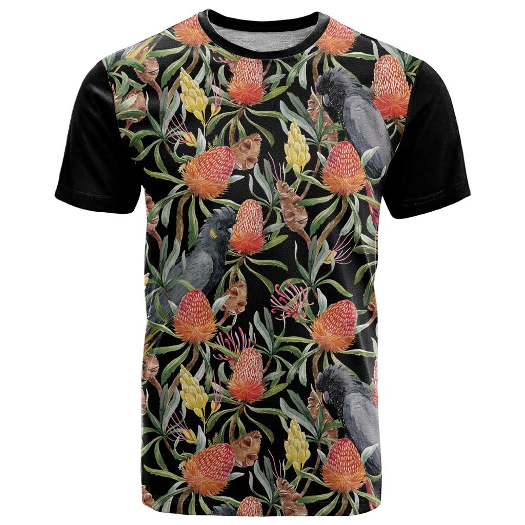 Australia Black Cockatoo And Banksia Flowers T Shirt