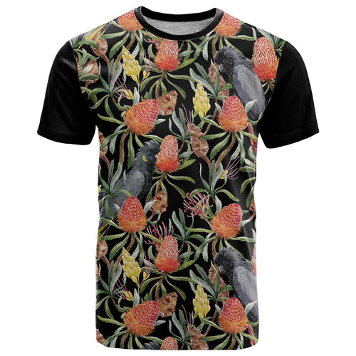 Australia Black Cockatoo And Banksia Flowers T Shirt