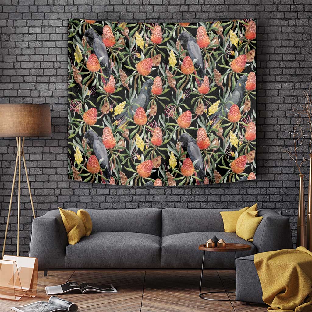 Australia Black Cockatoo And Banksia Flowers Tapestry