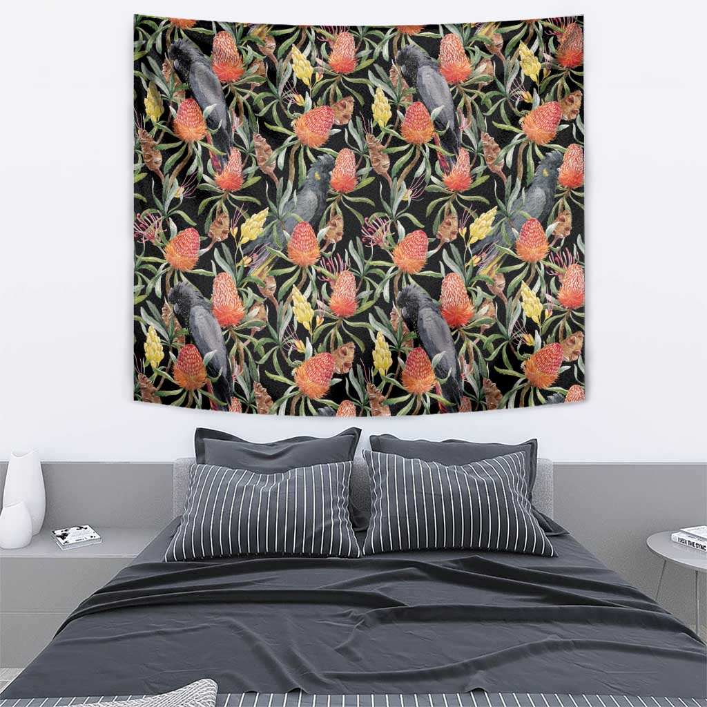 Australia Black Cockatoo And Banksia Flowers Tapestry