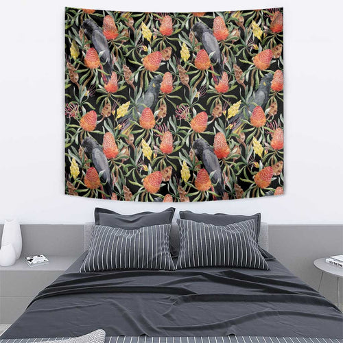 Australia Black Cockatoo And Banksia Flowers Tapestry