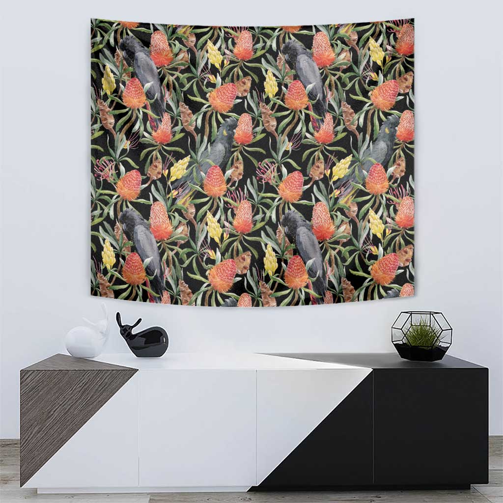Australia Black Cockatoo And Banksia Flowers Tapestry