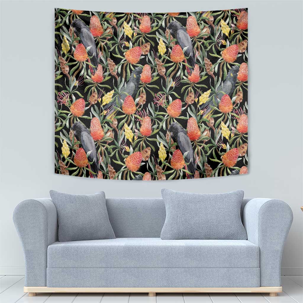 Australia Black Cockatoo And Banksia Flowers Tapestry