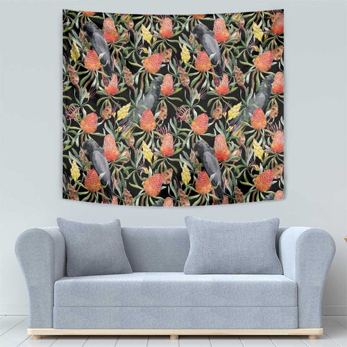 Australia Black Cockatoo And Banksia Flowers Tapestry