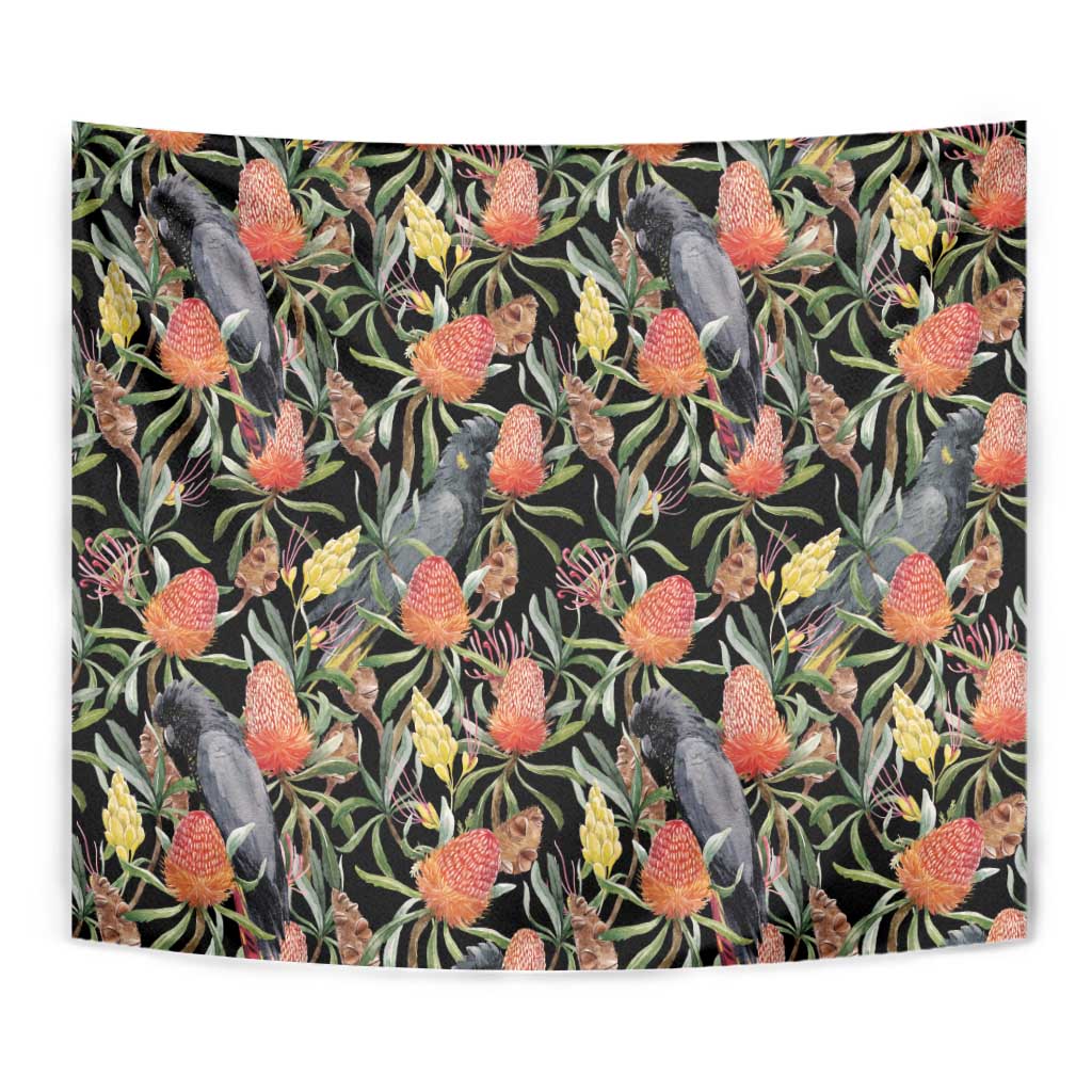 Australia Black Cockatoo And Banksia Flowers Tapestry