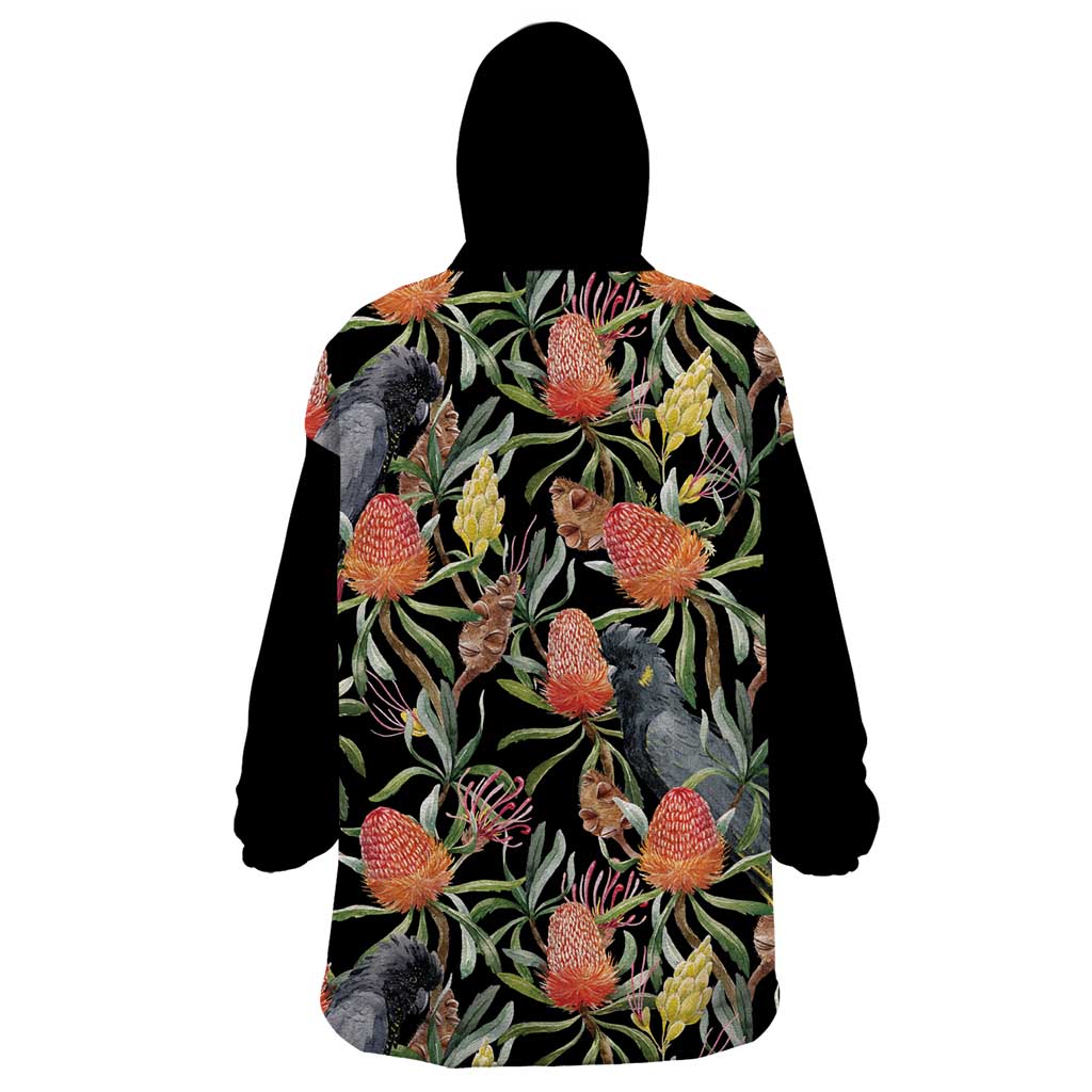 Australia Black Cockatoo And Banksia Flowers Wearable Blanket Hoodie