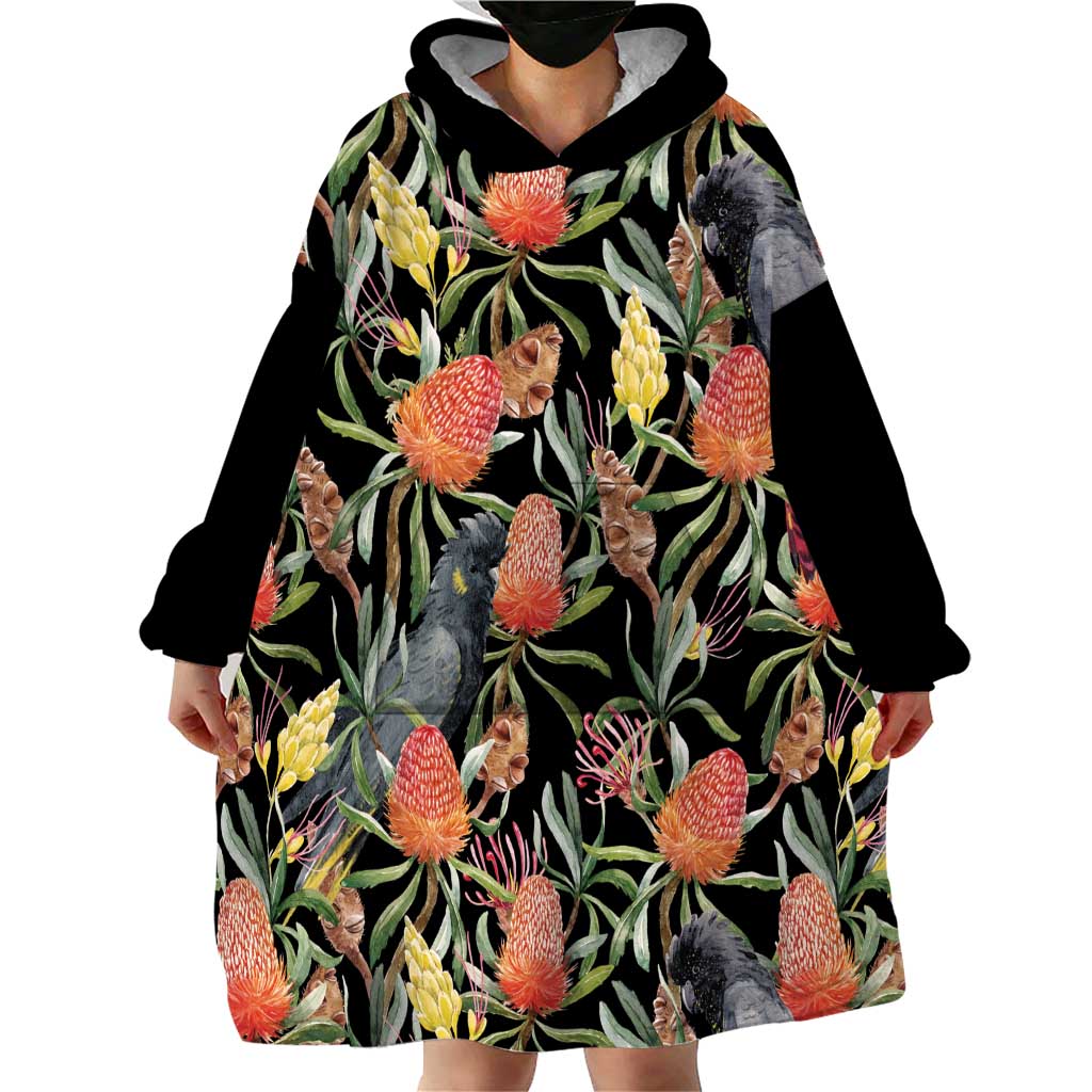 Australia Black Cockatoo And Banksia Flowers Wearable Blanket Hoodie