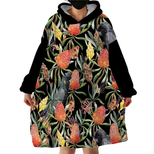 Australia Black Cockatoo And Banksia Flowers Wearable Blanket Hoodie