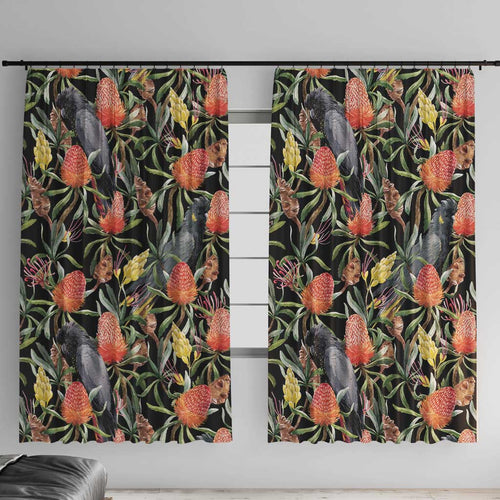 Australia Black Cockatoo And Banksia Flowers Window Curtain