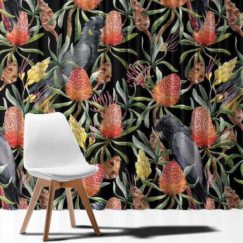 Australia Black Cockatoo And Banksia Flowers Window Curtain
