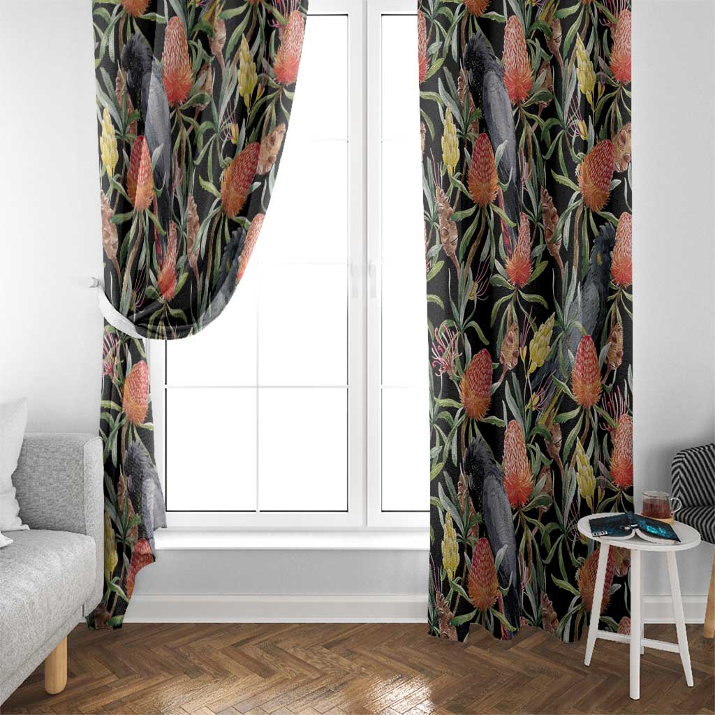 Australia Black Cockatoo And Banksia Flowers Window Curtain