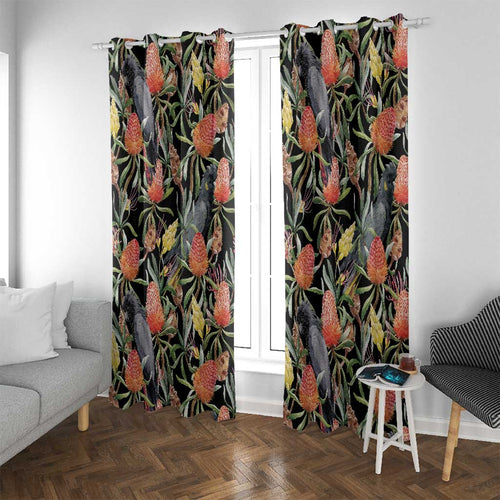 Australia Black Cockatoo And Banksia Flowers Window Curtain
