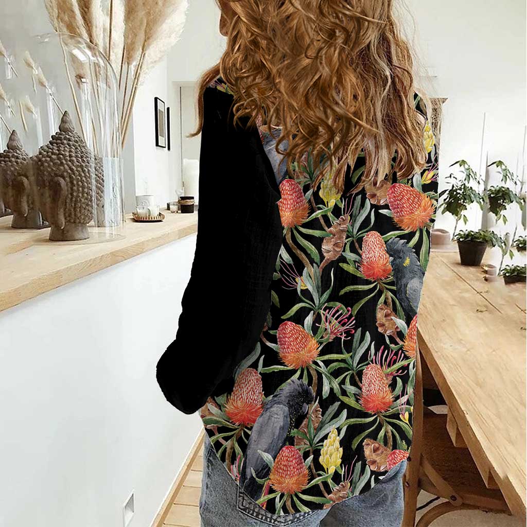 Australia Black Cockatoo And Banksia Flowers Women Casual Shirt