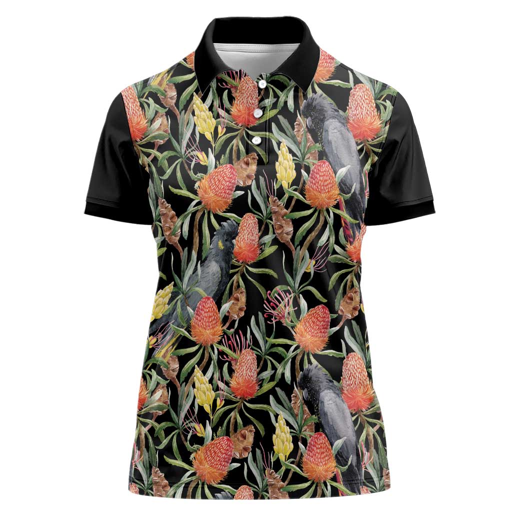 Australia Black Cockatoo And Banksia Flowers Women Polo Shirt