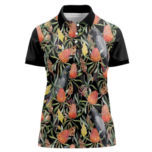 Australia Black Cockatoo And Banksia Flowers Women Polo Shirt