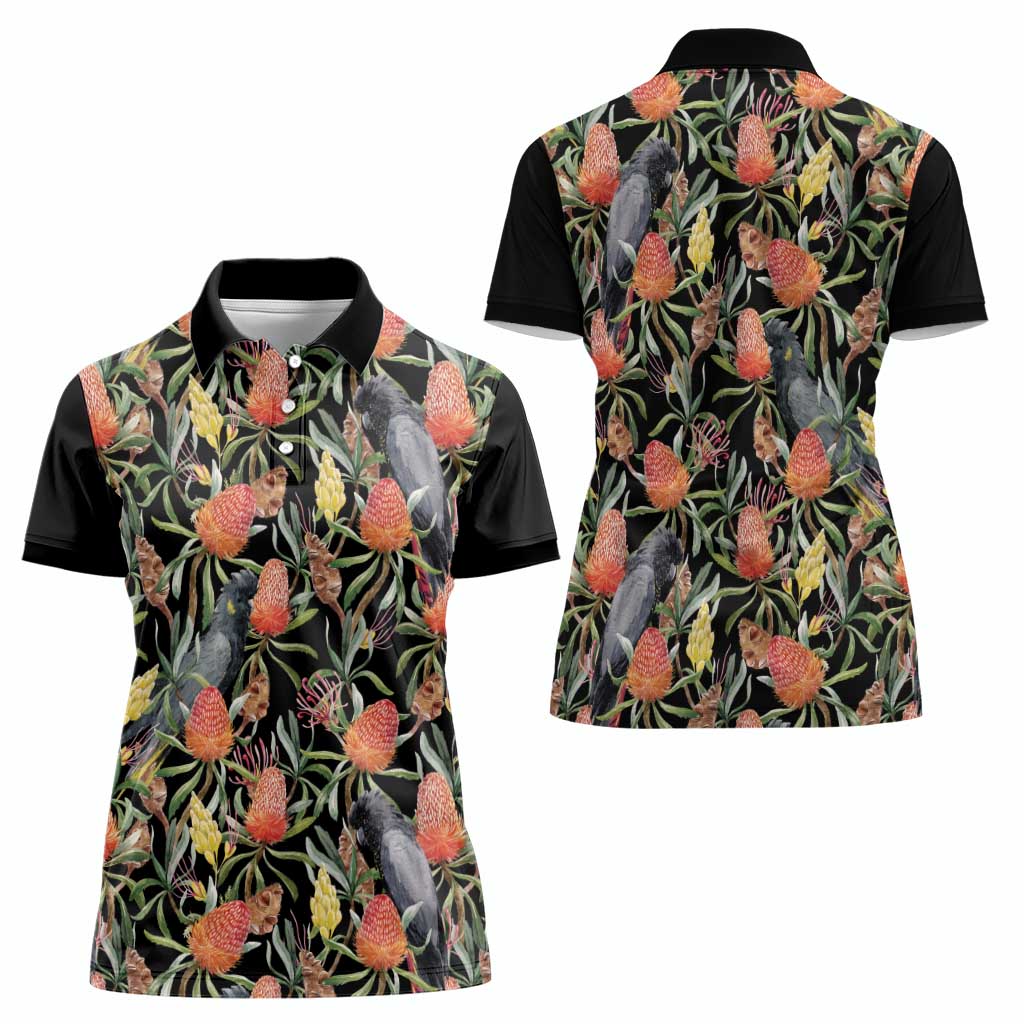 Australia Black Cockatoo And Banksia Flowers Women Polo Shirt