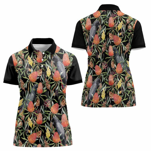 Australia Black Cockatoo And Banksia Flowers Women Polo Shirt