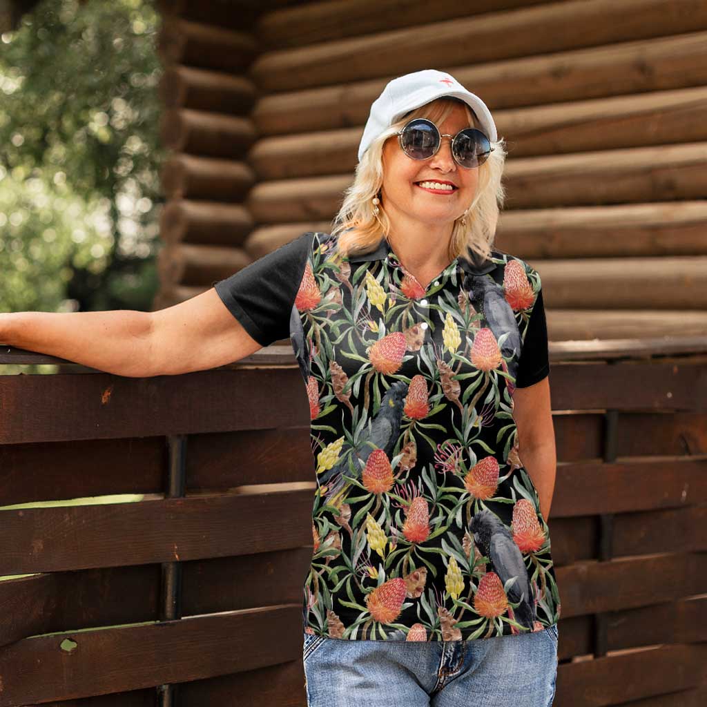 Australia Black Cockatoo And Banksia Flowers Women Polo Shirt