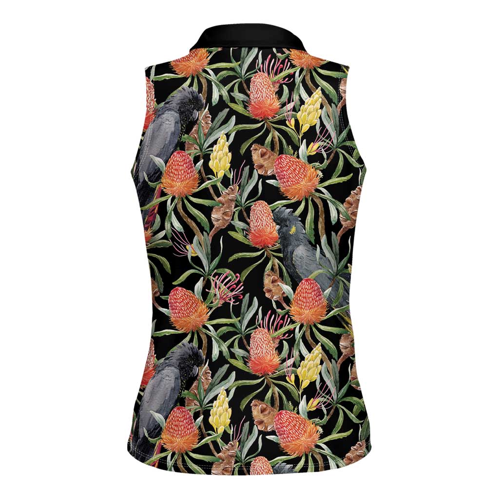 Australia Black Cockatoo And Banksia Flowers Women Sleeveless Polo Shirt