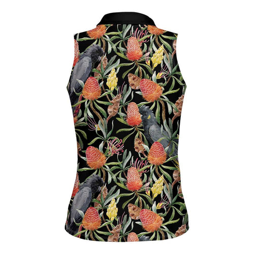 Australia Black Cockatoo And Banksia Flowers Women Sleeveless Polo Shirt