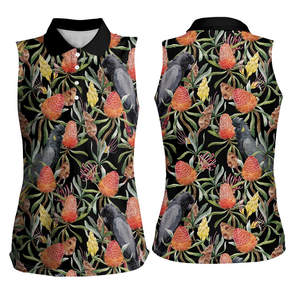 Australia Black Cockatoo And Banksia Flowers Women Sleeveless Polo Shirt