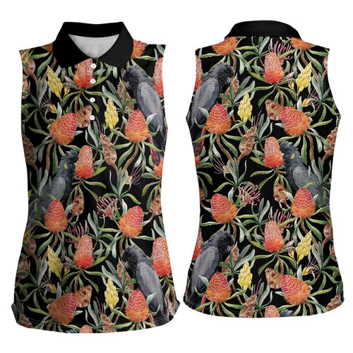 Australia Black Cockatoo And Banksia Flowers Women Sleeveless Polo Shirt