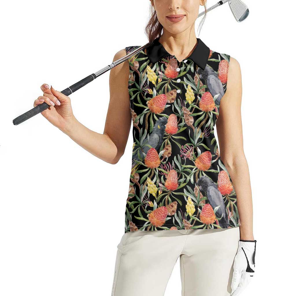 Australia Black Cockatoo And Banksia Flowers Women Sleeveless Polo Shirt