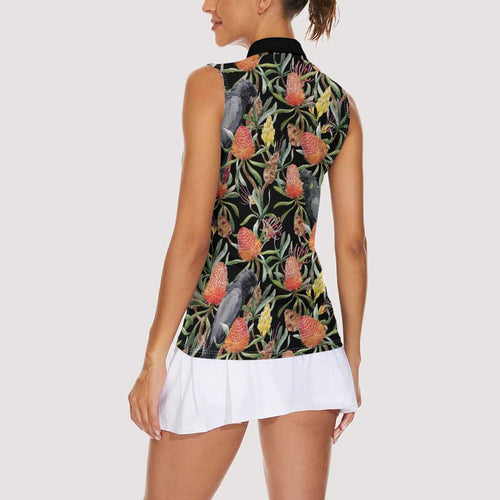 Australia Black Cockatoo And Banksia Flowers Women Sleeveless Polo Shirt