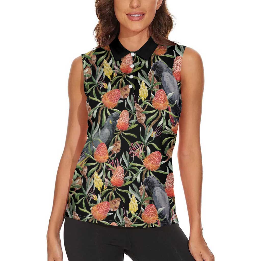 Australia Black Cockatoo And Banksia Flowers Women Sleeveless Polo Shirt