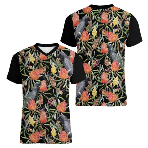 Australia Black Cockatoo And Banksia Flowers Women V-Neck T-Shirt