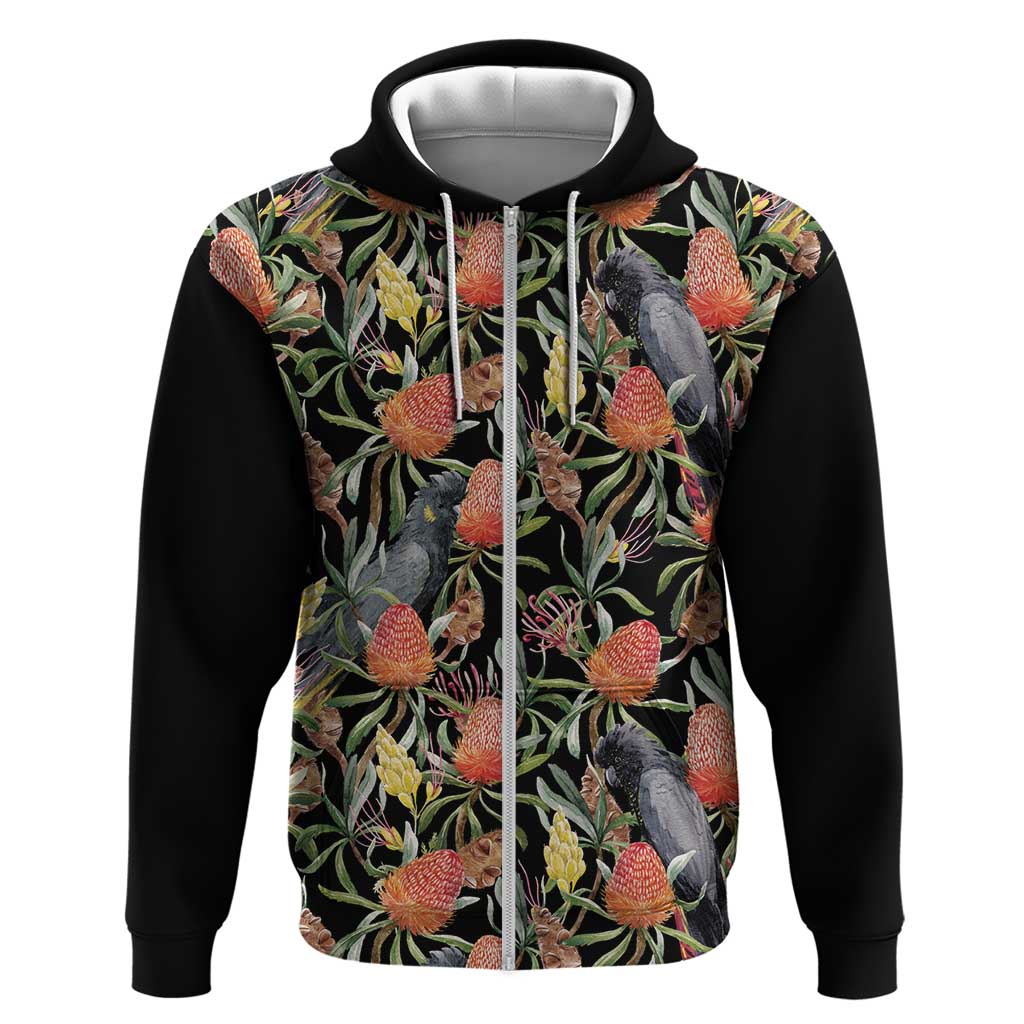 Australia Black Cockatoo And Banksia Flowers Zip Hoodie