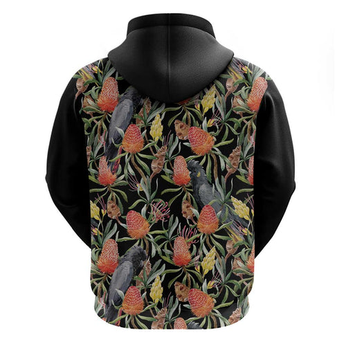 Australia Black Cockatoo And Banksia Flowers Zip Hoodie