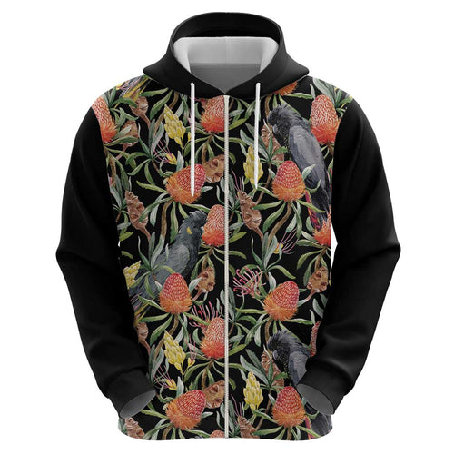 Australia Black Cockatoo And Banksia Flowers Zip Hoodie