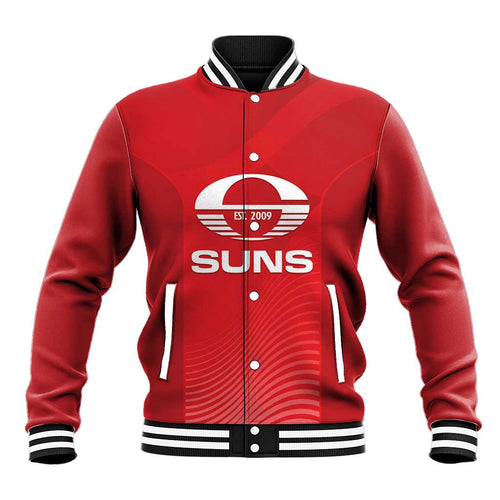 Suns Football Custom Baseball Jacket Gold Coast Est 2009 Deep Red - Aussie Hoodie