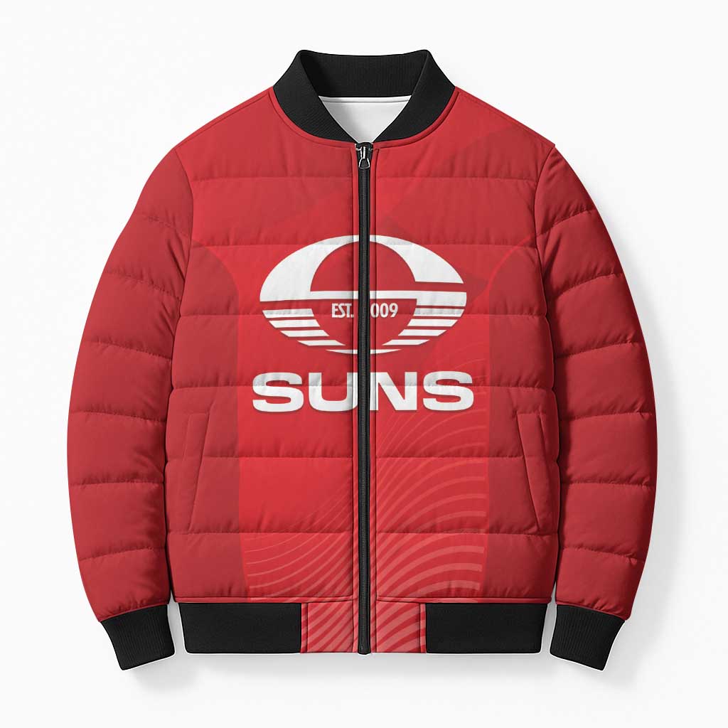 Suns Football Custom Bomber Puffer Jacket Gold Coast Est 2009 Deep Red - Aussie Hoodie