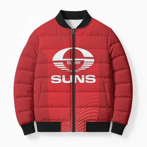 Suns Football Custom Bomber Puffer Jacket Gold Coast Est 2009 Deep Red - Aussie Hoodie