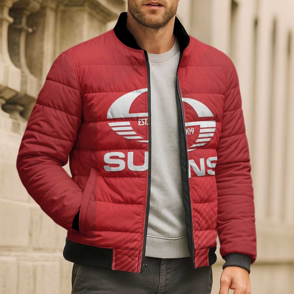 Suns Football Custom Bomber Puffer Jacket Gold Coast Est 2009 Deep Red - Aussie Hoodie