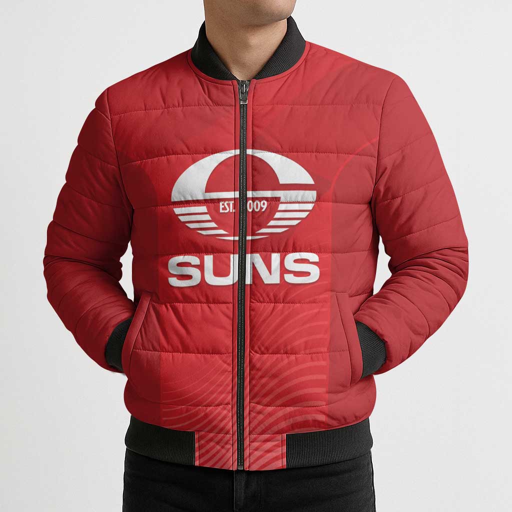 Suns Football Custom Bomber Puffer Jacket Gold Coast Est 2009 Deep Red - Aussie Hoodie