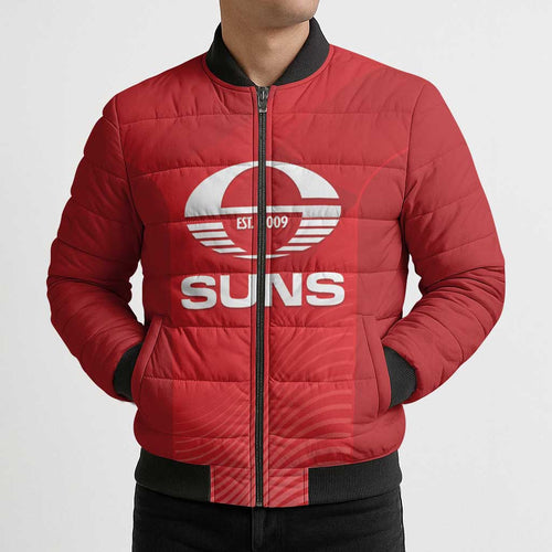 Suns Football Custom Bomber Puffer Jacket Gold Coast Est 2009 Deep Red - Aussie Hoodie