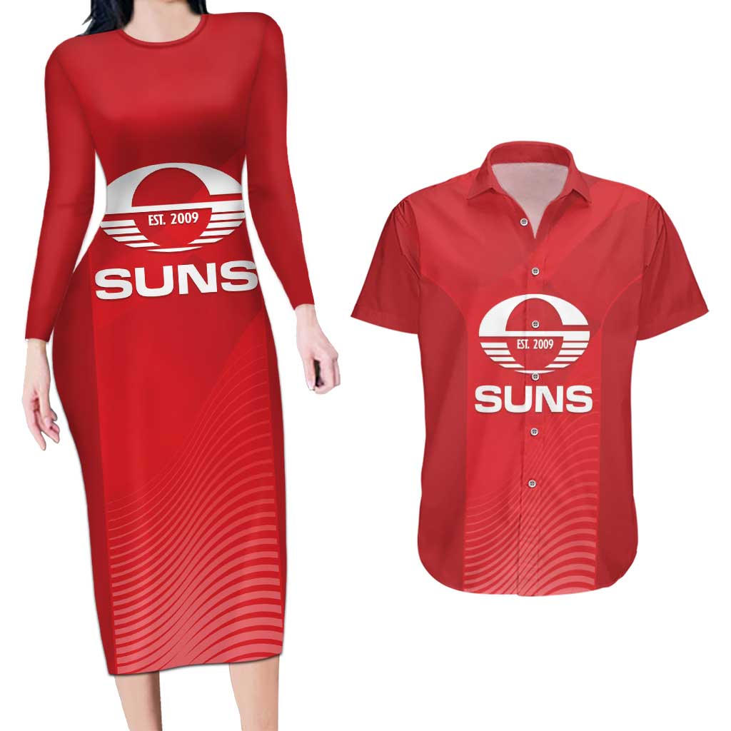 Suns Football Custom Couples Matching Long Sleeve Bodycon Dress and Hawaiian Shirt Gold Coast Est 2009 Deep Red - Aussie Hoodie