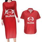 Suns Football Custom Couples Matching Long Sleeve Bodycon Dress and Hawaiian Shirt Gold Coast Est 2009 Deep Red - Aussie Hoodie