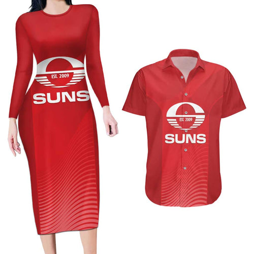 Suns Football Custom Couples Matching Long Sleeve Bodycon Dress and Hawaiian Shirt Gold Coast Est 2009 Deep Red - Aussie Hoodie