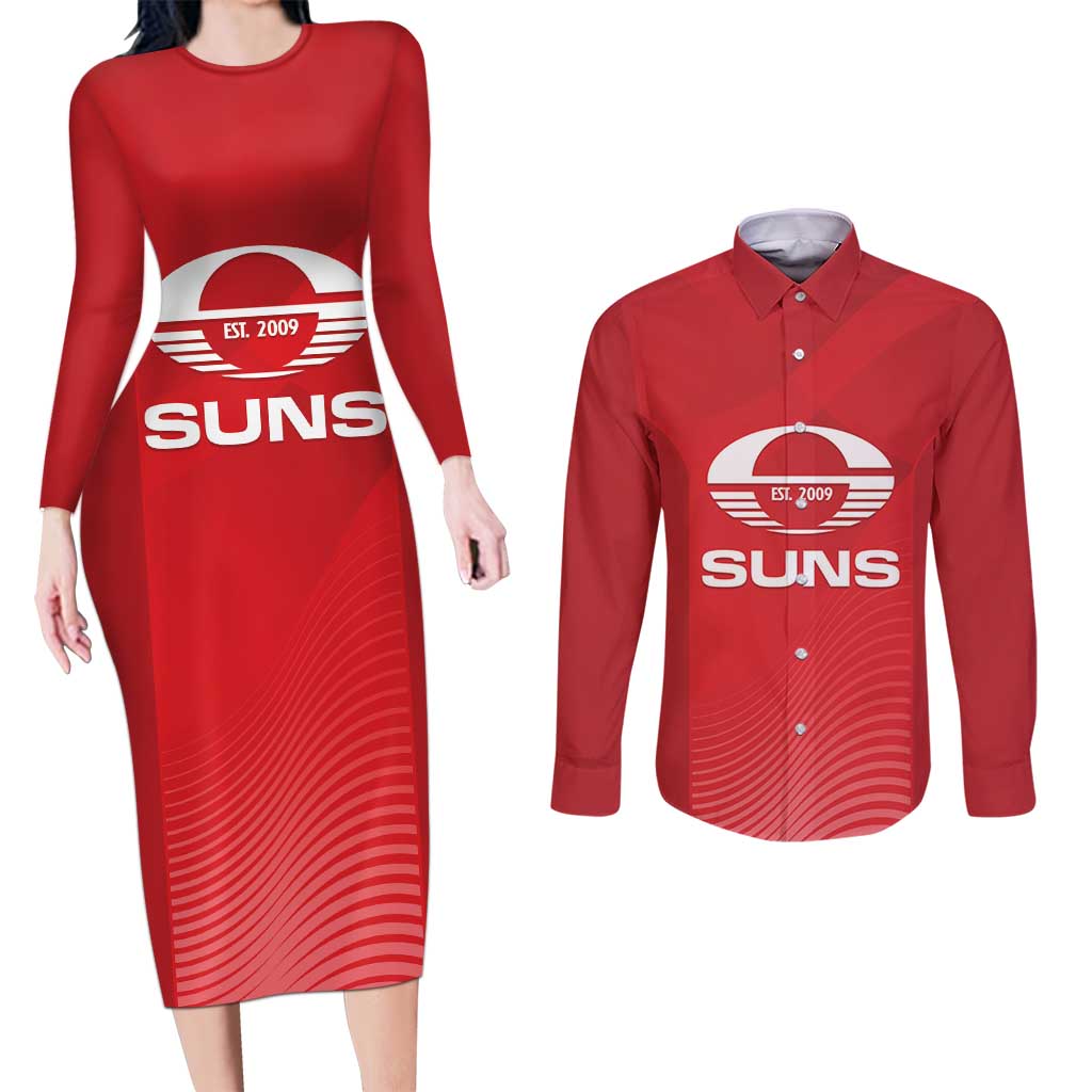 Suns Football Custom Couples Matching Long Sleeve Bodycon Dress and Long Sleeve Button Shirt Gold Coast Est 2009 Deep Red - Aussie Hoodie