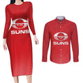 Suns Football Custom Couples Matching Long Sleeve Bodycon Dress and Long Sleeve Button Shirt Gold Coast Est 2009 Deep Red - Aussie Hoodie