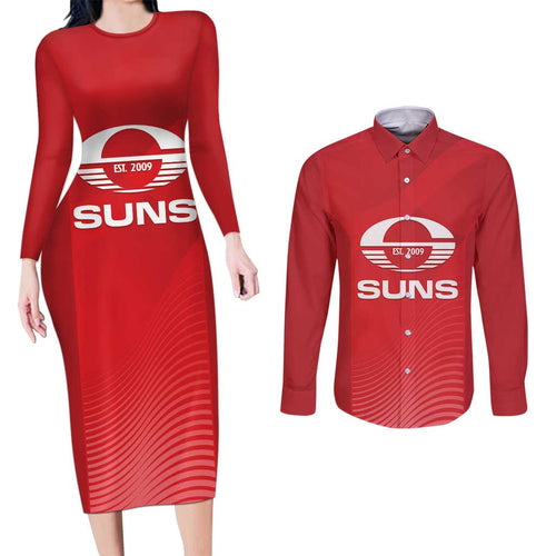 Suns Football Custom Couples Matching Long Sleeve Bodycon Dress and Long Sleeve Button Shirt Gold Coast Est 2009 Deep Red - Aussie Hoodie