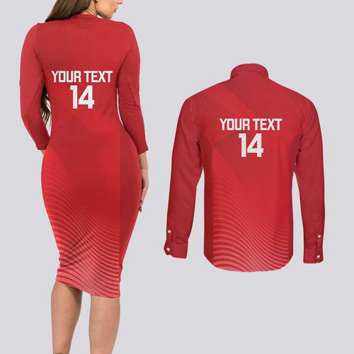 Suns Football Custom Couples Matching Long Sleeve Bodycon Dress and Long Sleeve Button Shirt Gold Coast Est 2009 Deep Red - Aussie Hoodie