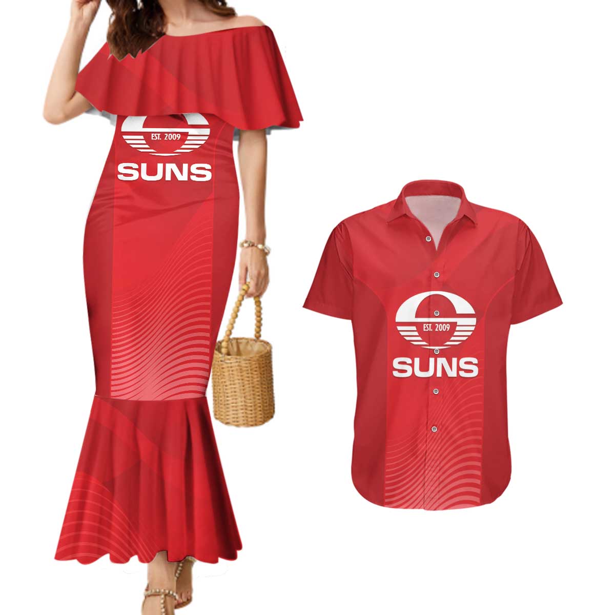 Suns Football Custom Couples Matching Mermaid Dress and Hawaiian Shirt Gold Coast Est 2009 Deep Red - Aussie Hoodie