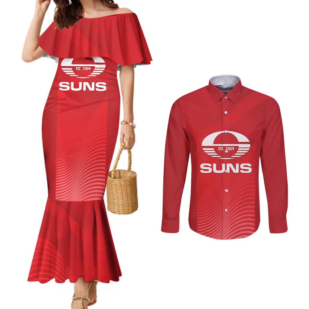 Suns Football Custom Couples Matching Mermaid Dress and Long Sleeve Button Shirt Gold Coast Est 2009 Deep Red - Aussie Hoodie