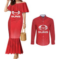 Suns Football Custom Couples Matching Mermaid Dress and Long Sleeve Button Shirt Gold Coast Est 2009 Deep Red - Aussie Hoodie