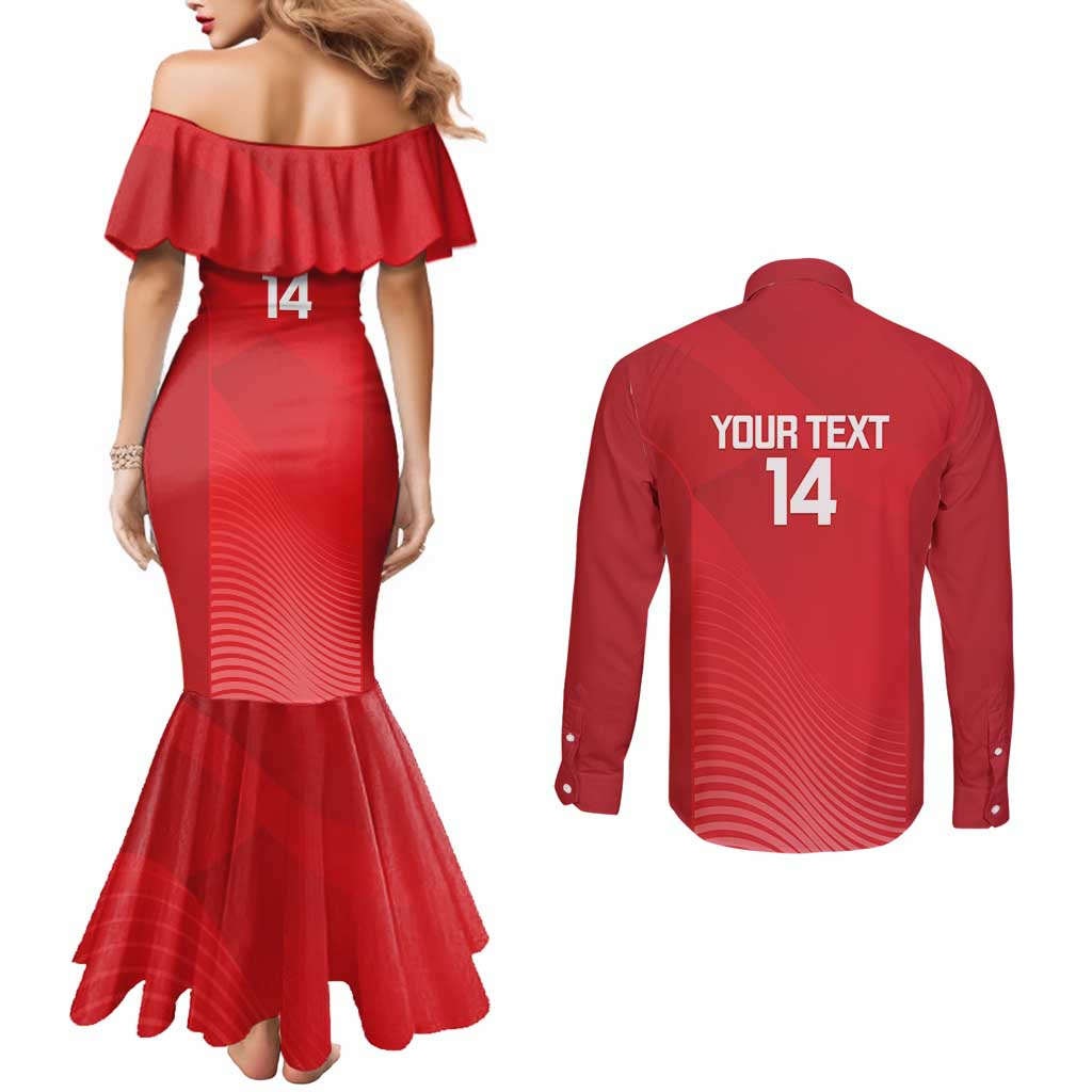 Suns Football Custom Couples Matching Mermaid Dress and Long Sleeve Button Shirt Gold Coast Est 2009 Deep Red - Aussie Hoodie